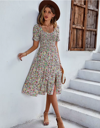 Bohemia Floral Puff Sleeve High Waist Flounce Sleeve Dress