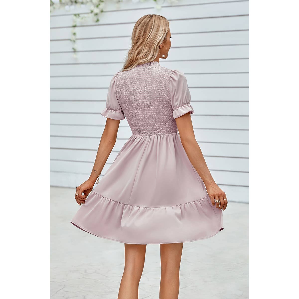 Solid Puff Sleeve Shirred Detail Ruffle Hem Dress