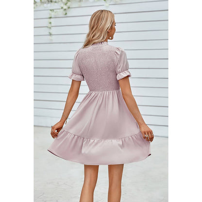 Solid Puff Sleeve Shirred Detail Ruffle Hem Dress