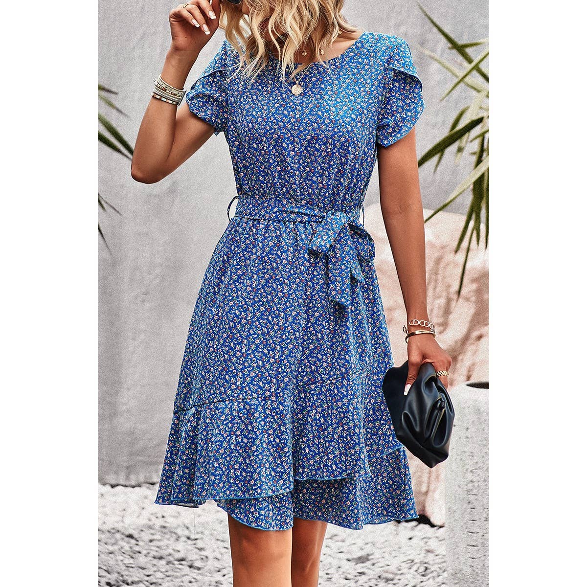Floral Round Neck Slim Fit Tiered A Line Ruffle Dress