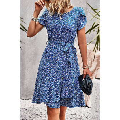 Floral Round Neck Slim Fit Tiered A Line Ruffle Dress