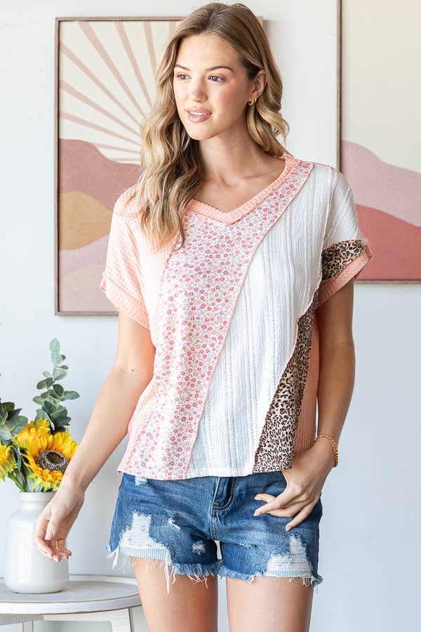 Multi Fabric Patchwork V neck Short Sleeve Top T5941