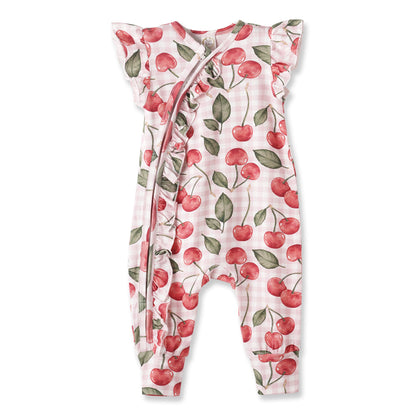 Cherry Picnic Baby Girl Romper – Soft Bamboo Zipper