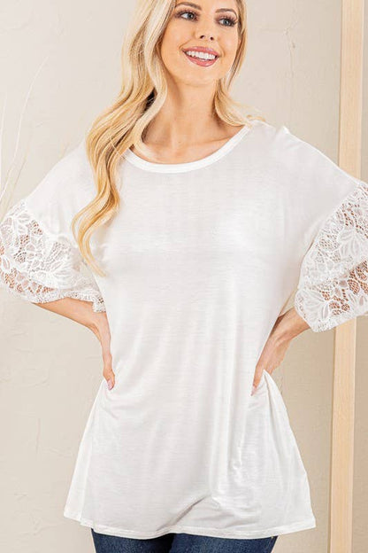RUFFLED HALF SLEEVE SOLID AND LACE TOP