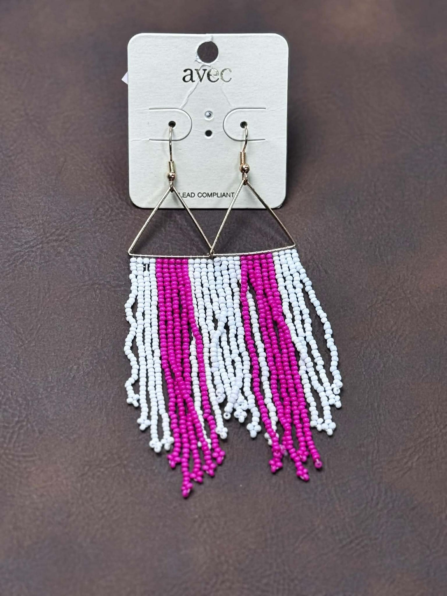 PINK AND WHITE SEED BEAD FRINGE EARRINGS