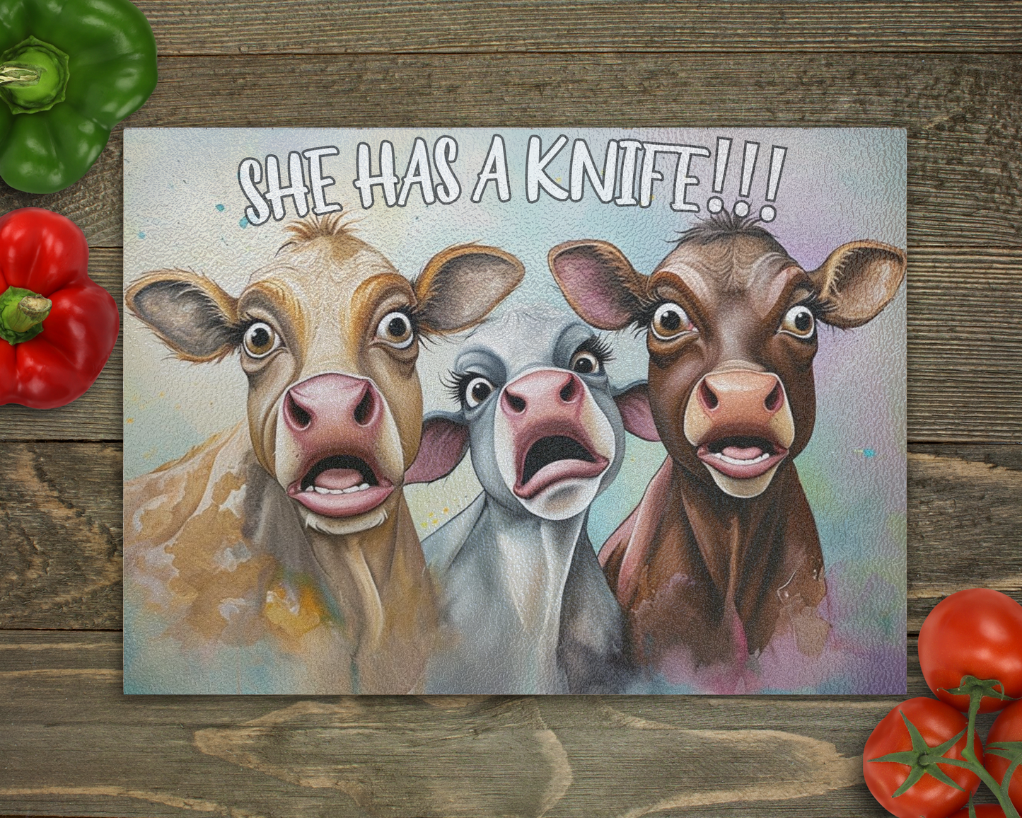 Scared Cows "She has a kn!fe" Glass Cutting Board
