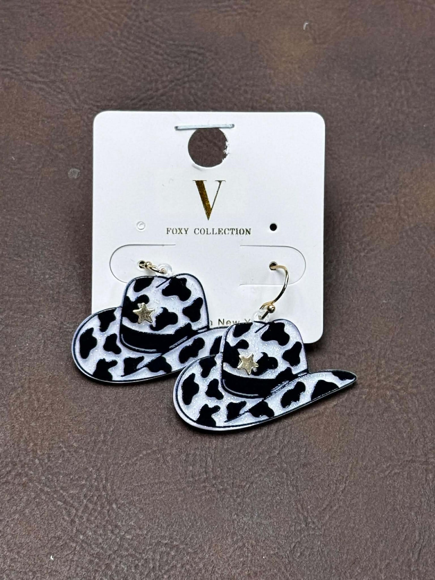 COW PRINT COWBOY HAT EARRINGS