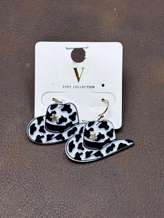 COW PRINT COWBOY HAT EARRINGS