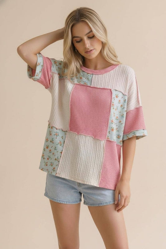 Plus Floral Ribbed Color Block Patchwork Top