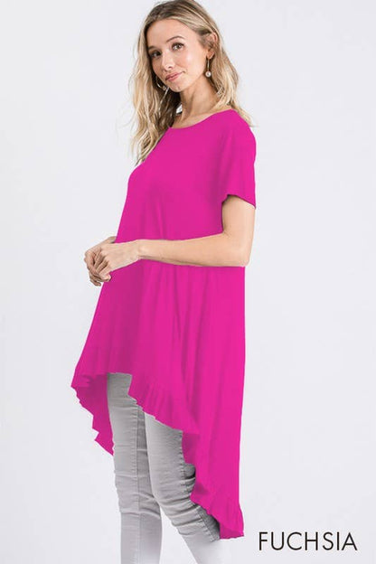 SOLID HIGH LOW TUNIC TOP WITH RUFFLED