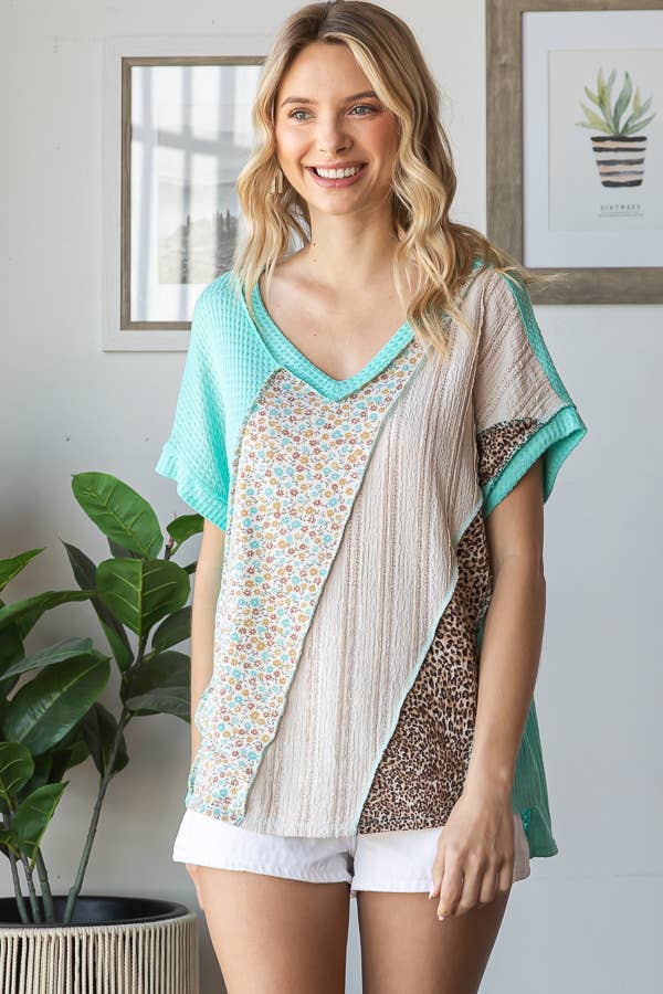 Multi Fabric Patchwork V neck Short Sleeve Top T5941