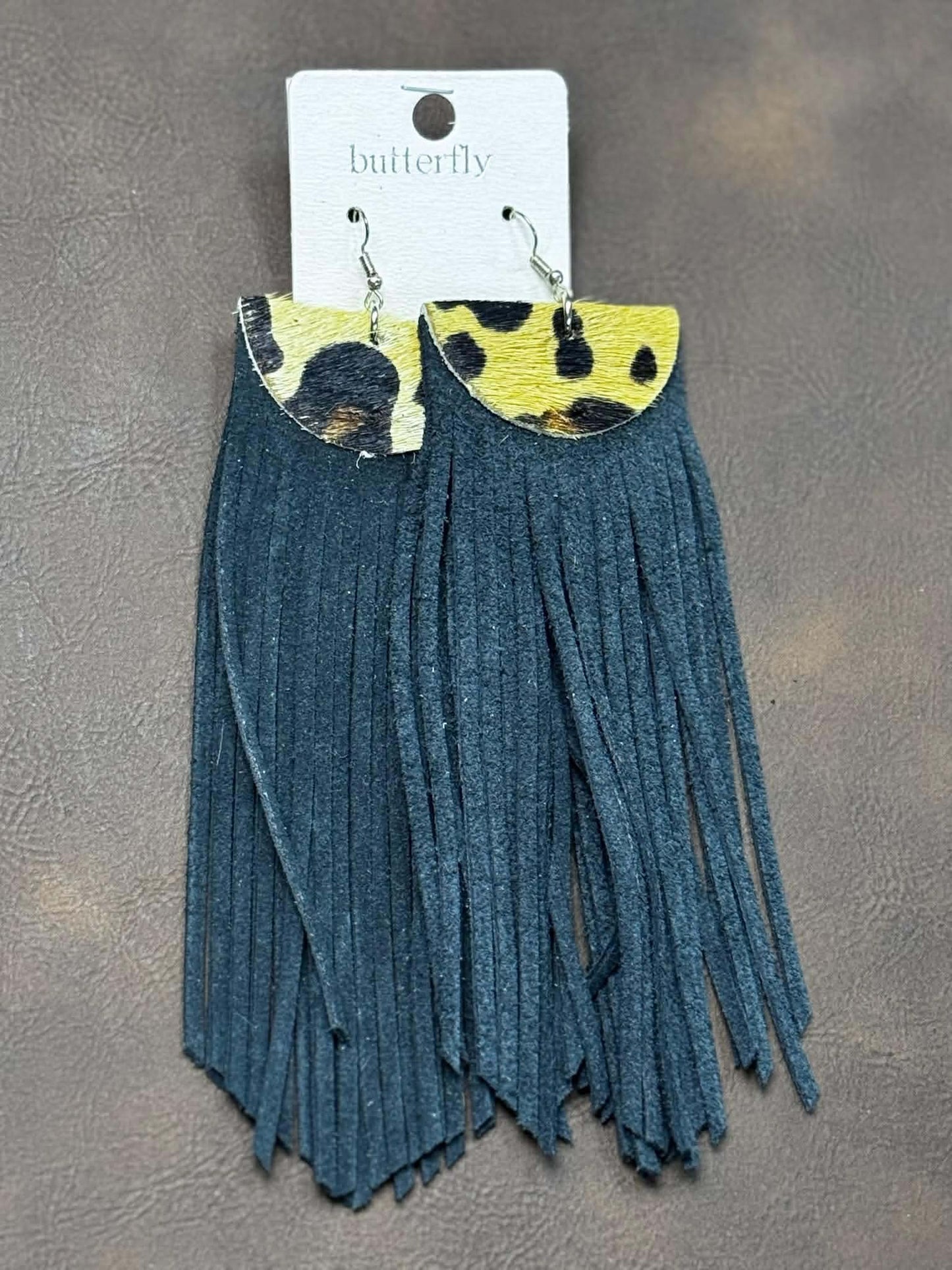LEATHER FRINGE EARRINGS WITH LEOPARD HAIR ON HIDE