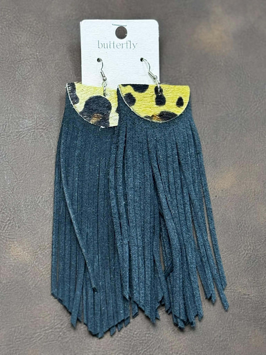 LEATHER FRINGE EARRINGS WITH LEOPARD HAIR ON HIDE