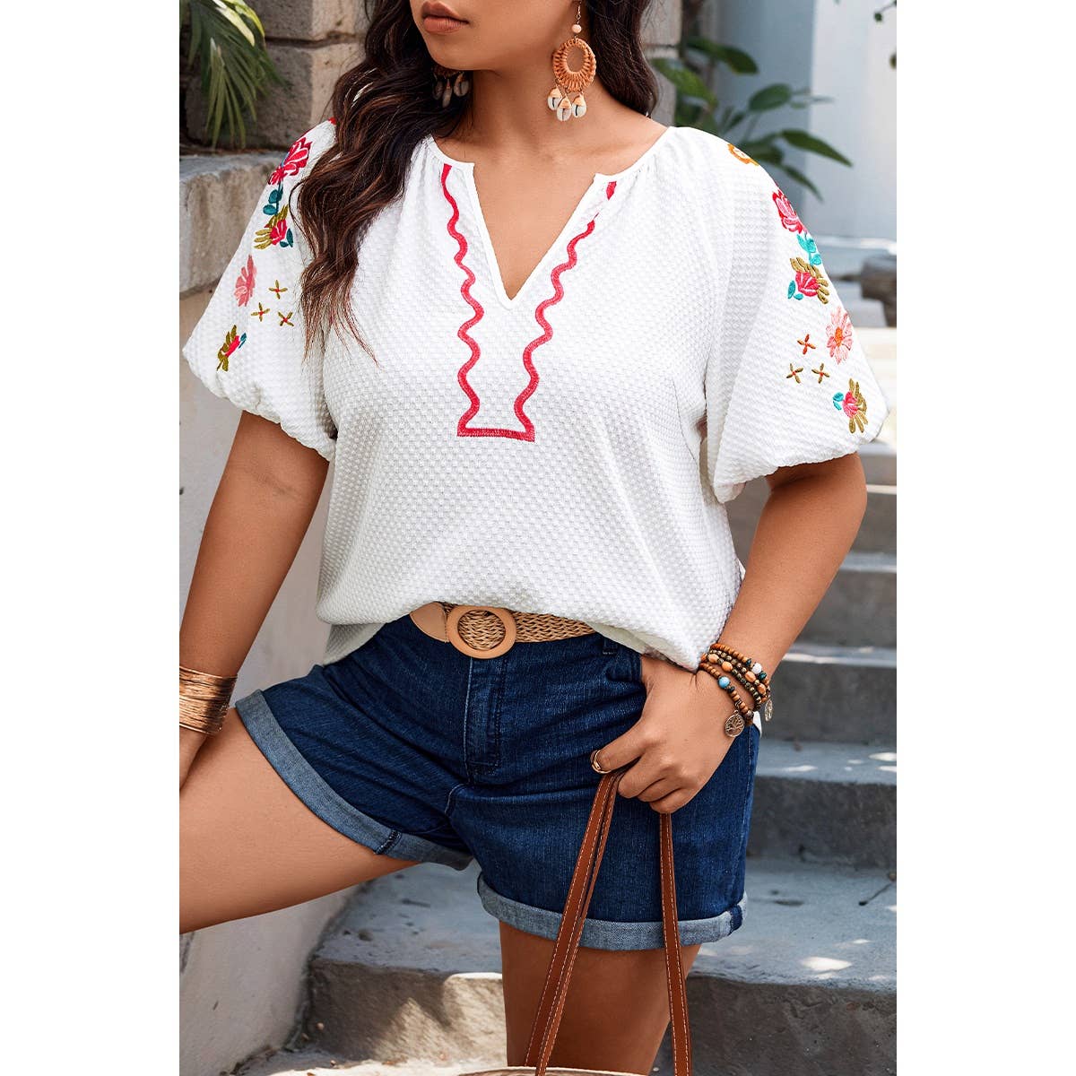 Floral V Neck Ruffle Puff Sleeve Lace Blouse