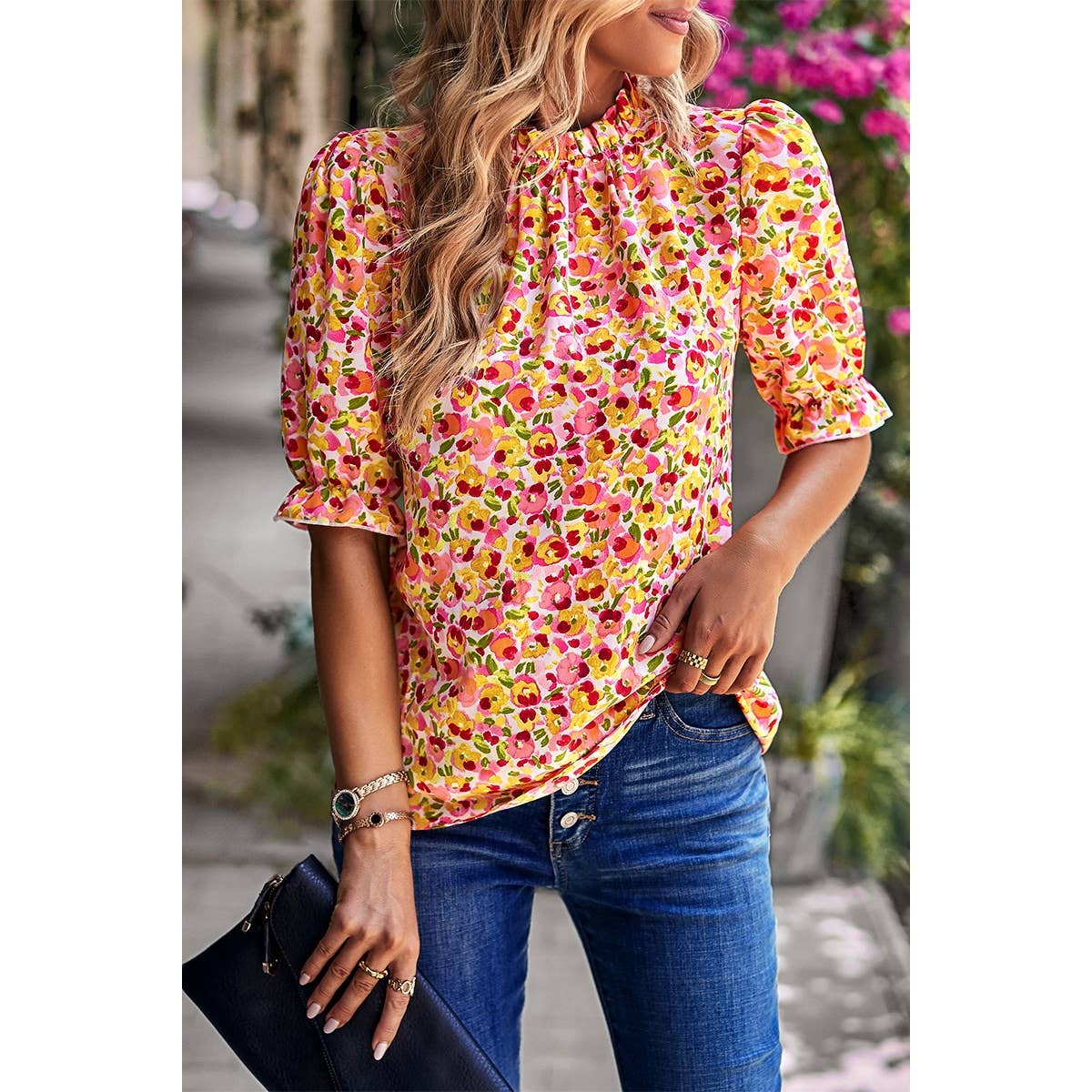 Boho Floral Ruffle Mock Neck Puff Short Sleeve Shirt