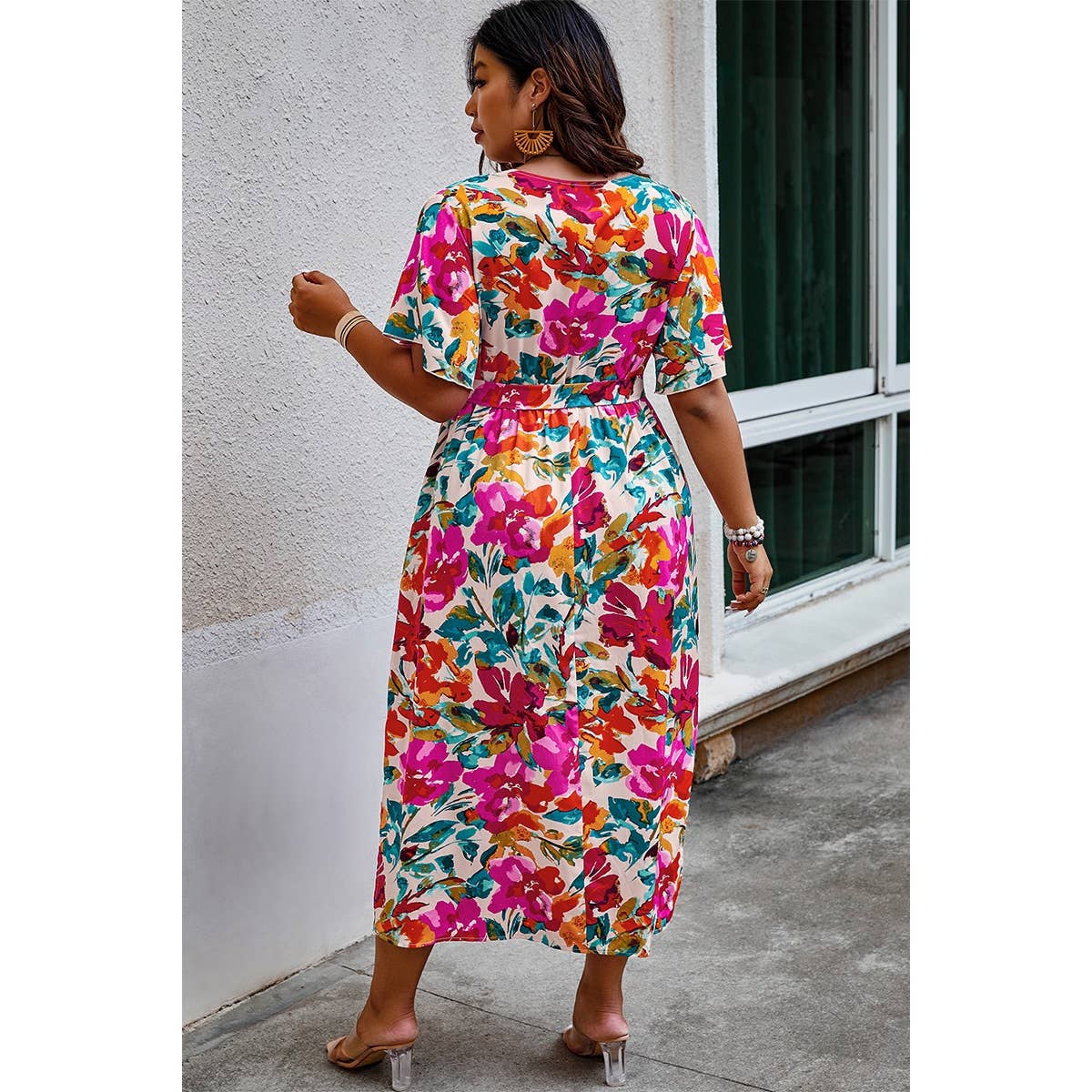Plus Size Floral Butterfly Sleeve Belted Dress