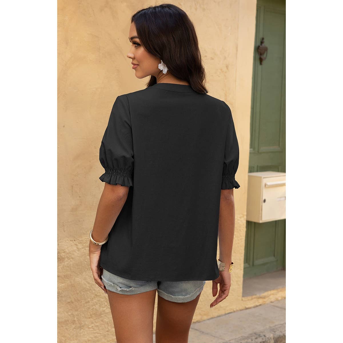 V Neck Boho Puff Short Sleeve Button Down Shirt