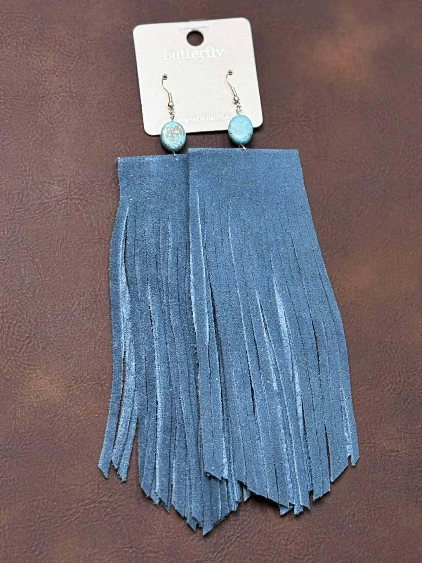 LEATHER FRINGE EARRING WITH TEAL STONE