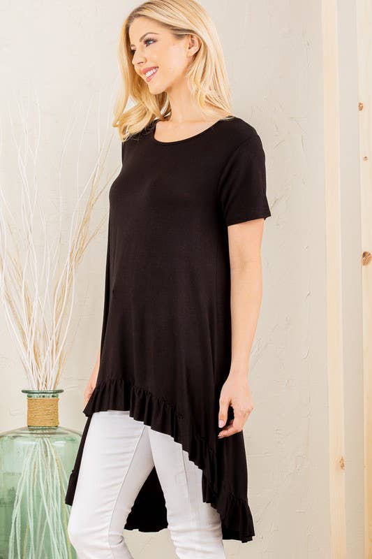 SOLID HIGH LOW TUNIC TOP WITH RUFFLED