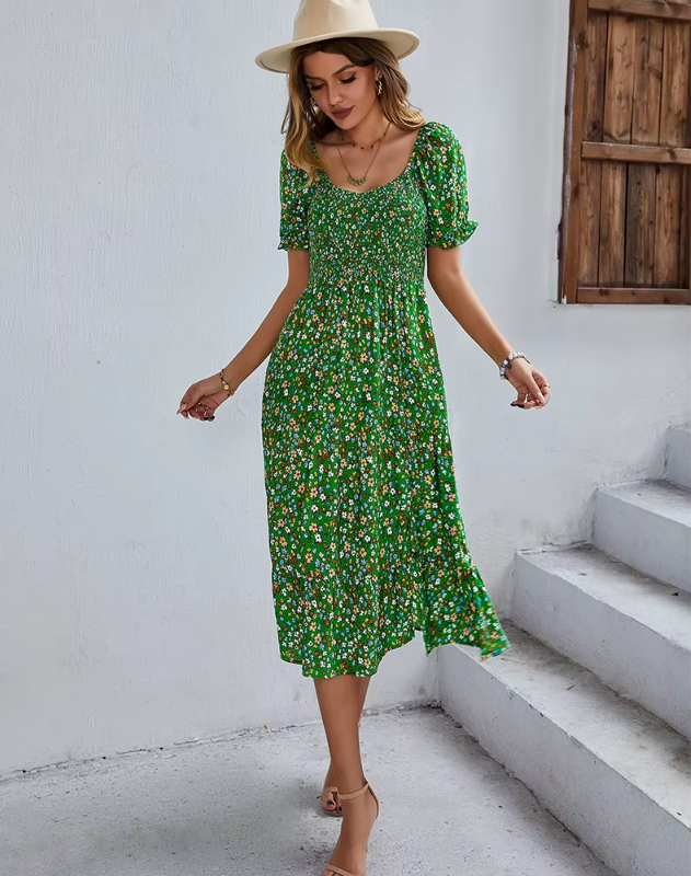 Bohemia Floral Puff Sleeve High Waist Flounce Sleeve Dress