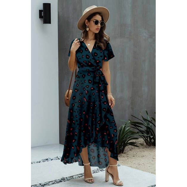 Allover Print High V Neck Low Wrap Dress