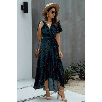 Allover Print High V Neck Low Wrap Dress