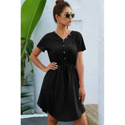 Solid V Neck Button Down Tie Waist Jersey Dress