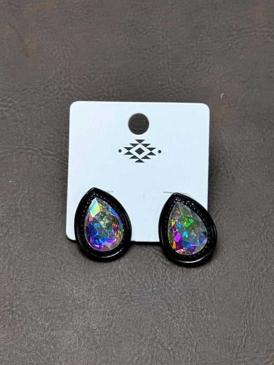 BLACK TEAR DROP STUDS WITH AB STONE