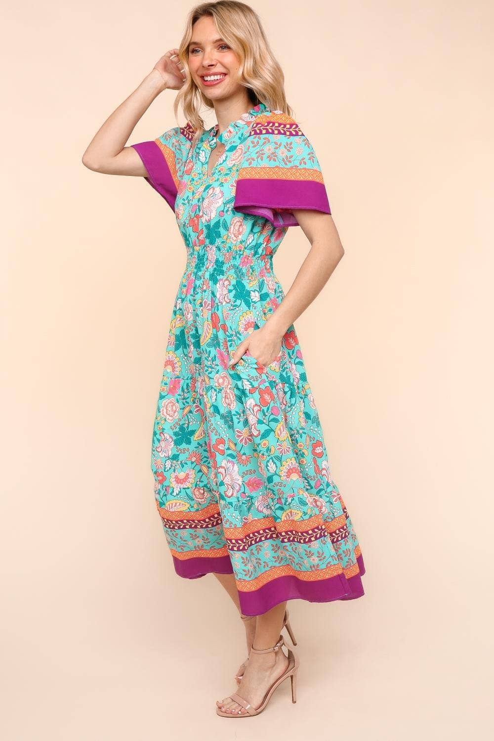 Max Floral Border Print Dress W/side Pockets