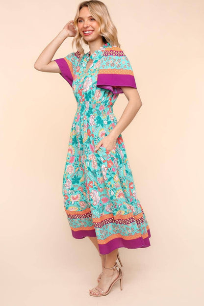 Max Floral Border Print Dress W/side Pockets