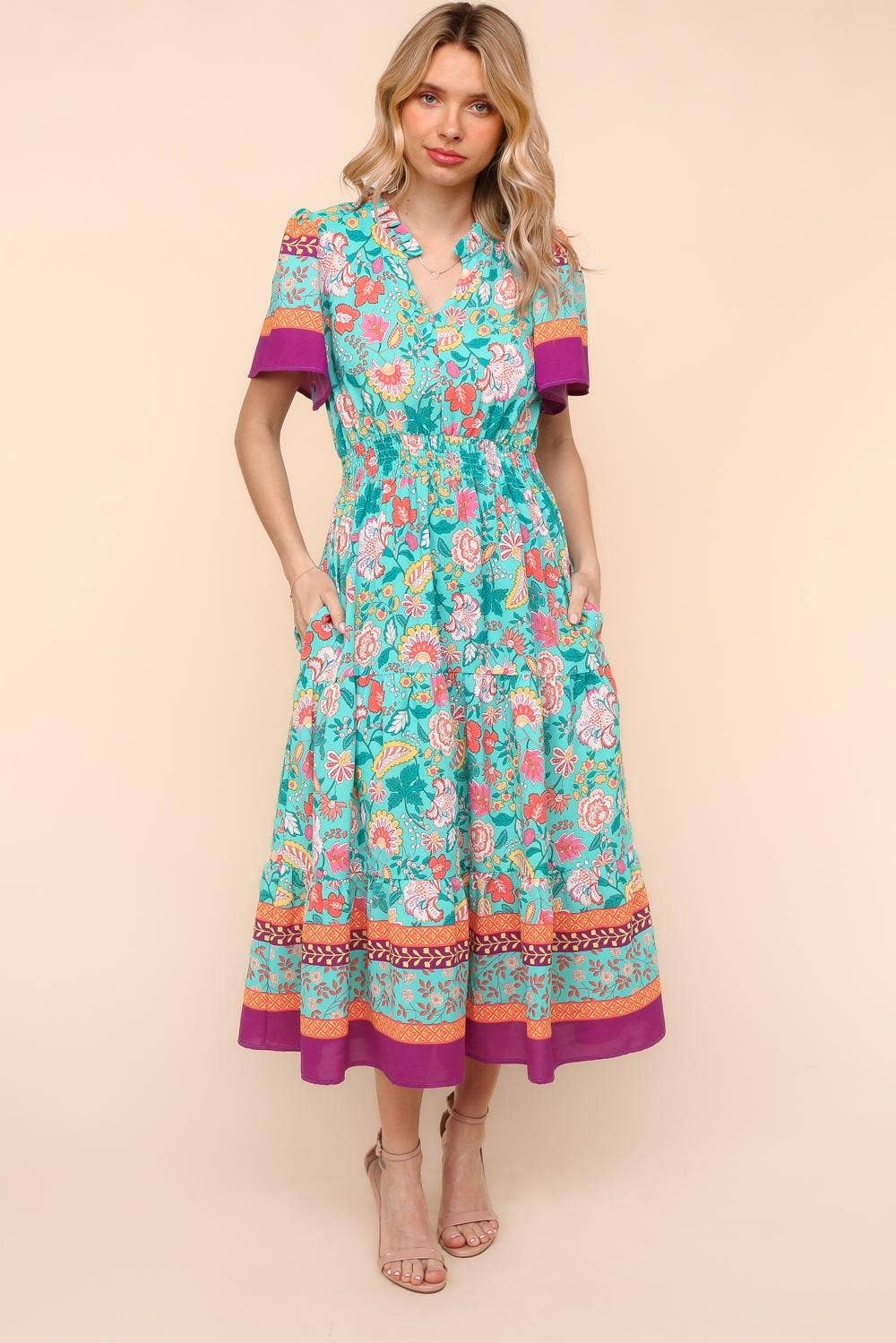 Max Floral Border Print Dress W/side Pockets