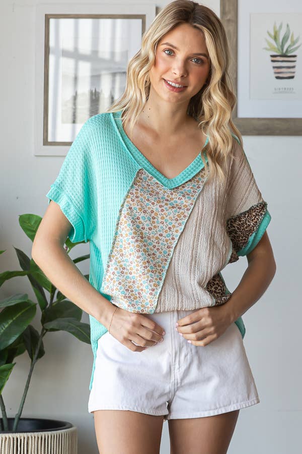 Multi Fabric Patchwork V neck Short Sleeve Top T5941