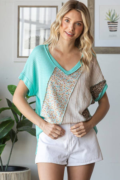 Multi Fabric Patchwork V neck Short Sleeve Top T5941