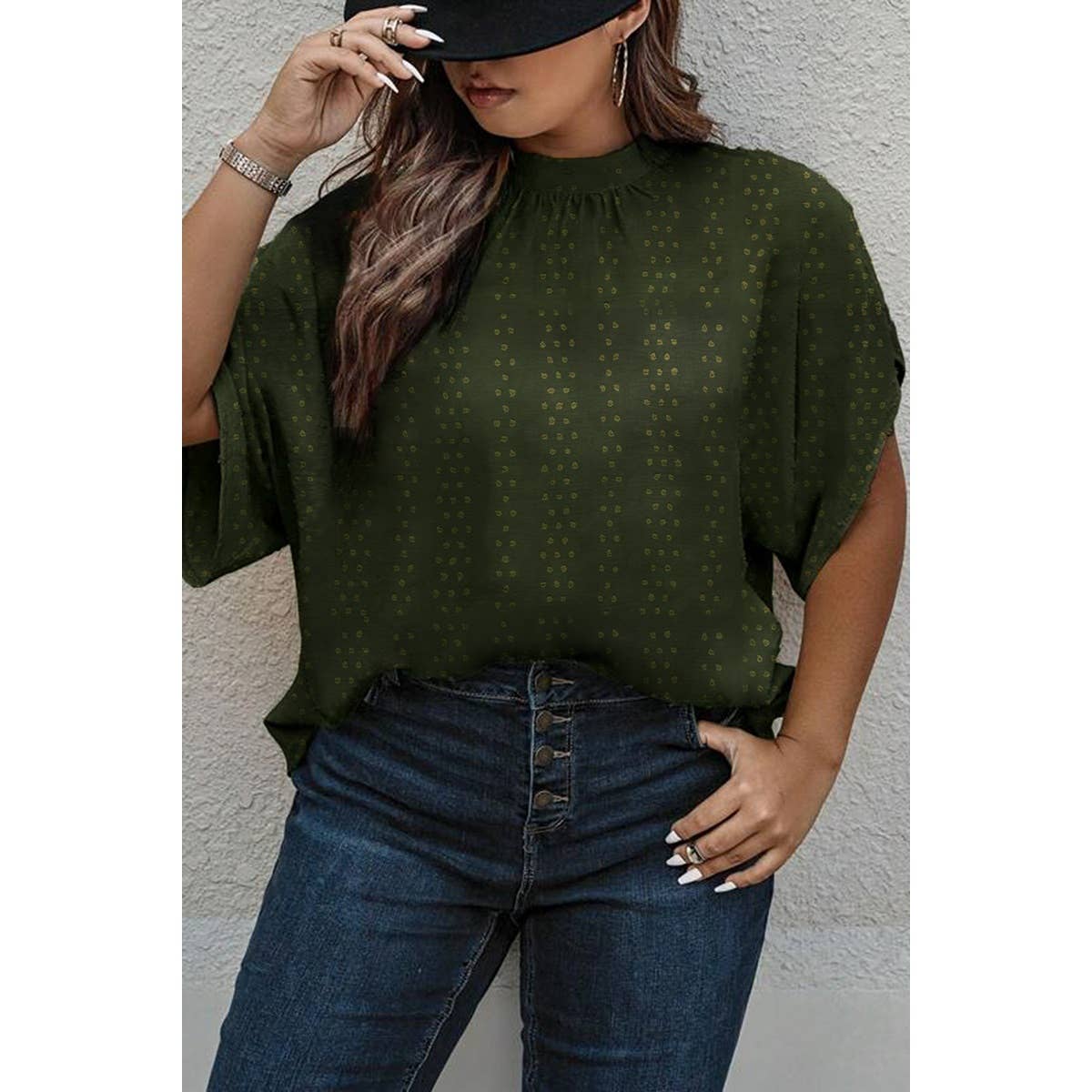 Plus Swiss Dot Solid Loose Half Sleeve Blouse