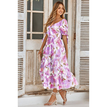 Floral Paint Short Sleeve Tie Cuff Surplice Neck Dress
