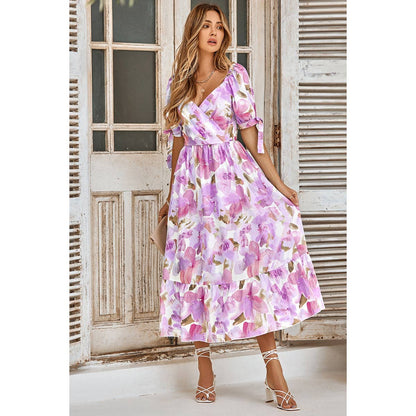 Floral Paint Short Sleeve Tie Cuff Surplice Neck Dress