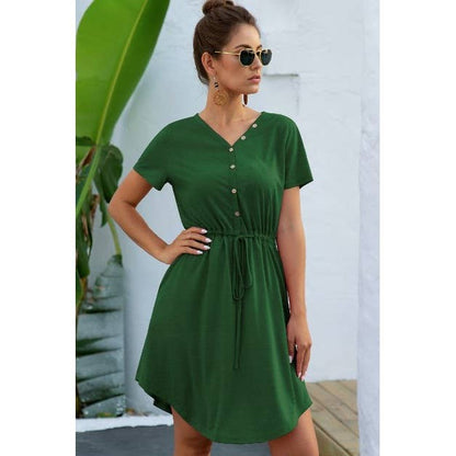 Solid V Neck Button Down Tie Waist Jersey Dress