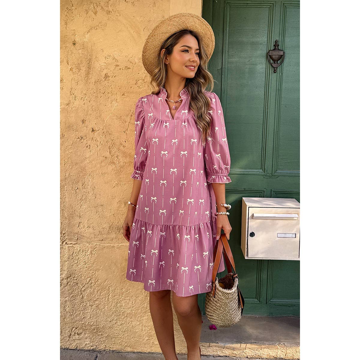 A Line Bow Ruffle V Neck Loose Fit Dress