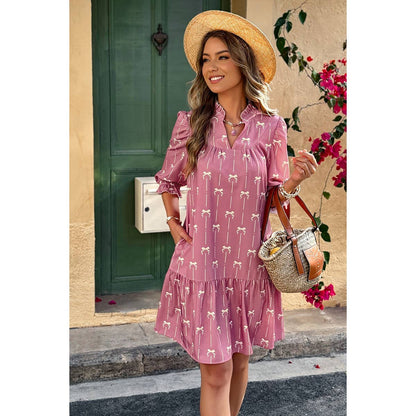 A Line Bow Ruffle V Neck Loose Fit Dress