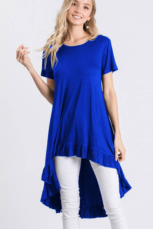 SOLID HIGH LOW TUNIC TOP WITH RUFFLED