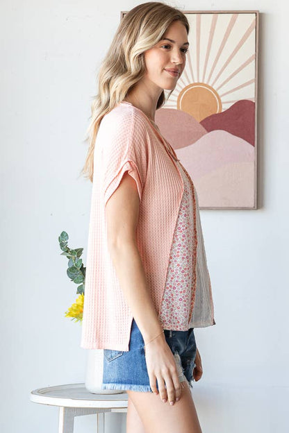 Multi Fabric Patchwork V neck Short Sleeve Top T5941
