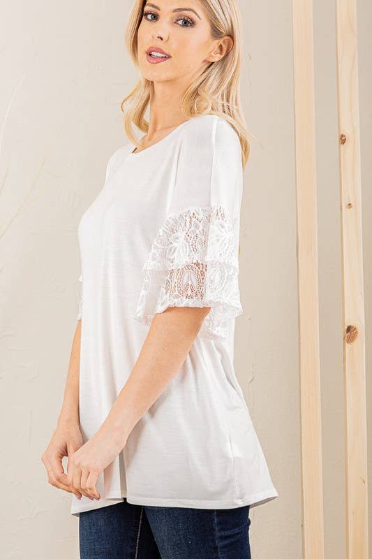 RUFFLED HALF SLEEVE SOLID AND LACE TOP