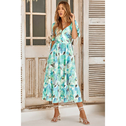 Floral Paint Short Sleeve Tie Cuff Surplice Neck Dress