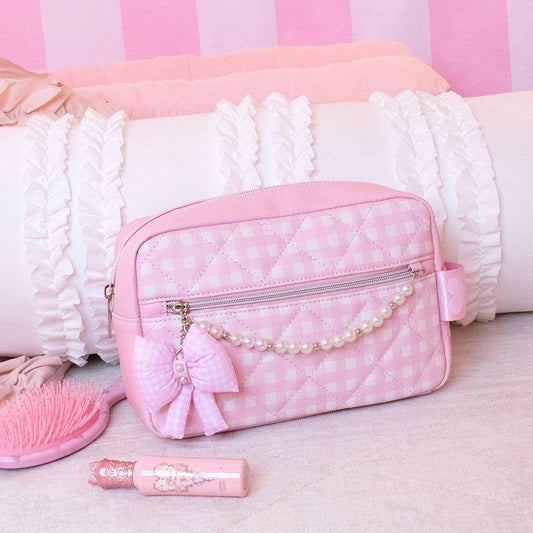 Quilted Gingham Printed Pouch with Pearl Chain