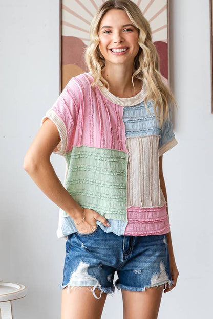 Color Block Textured Patchwork Short Sleeve Top