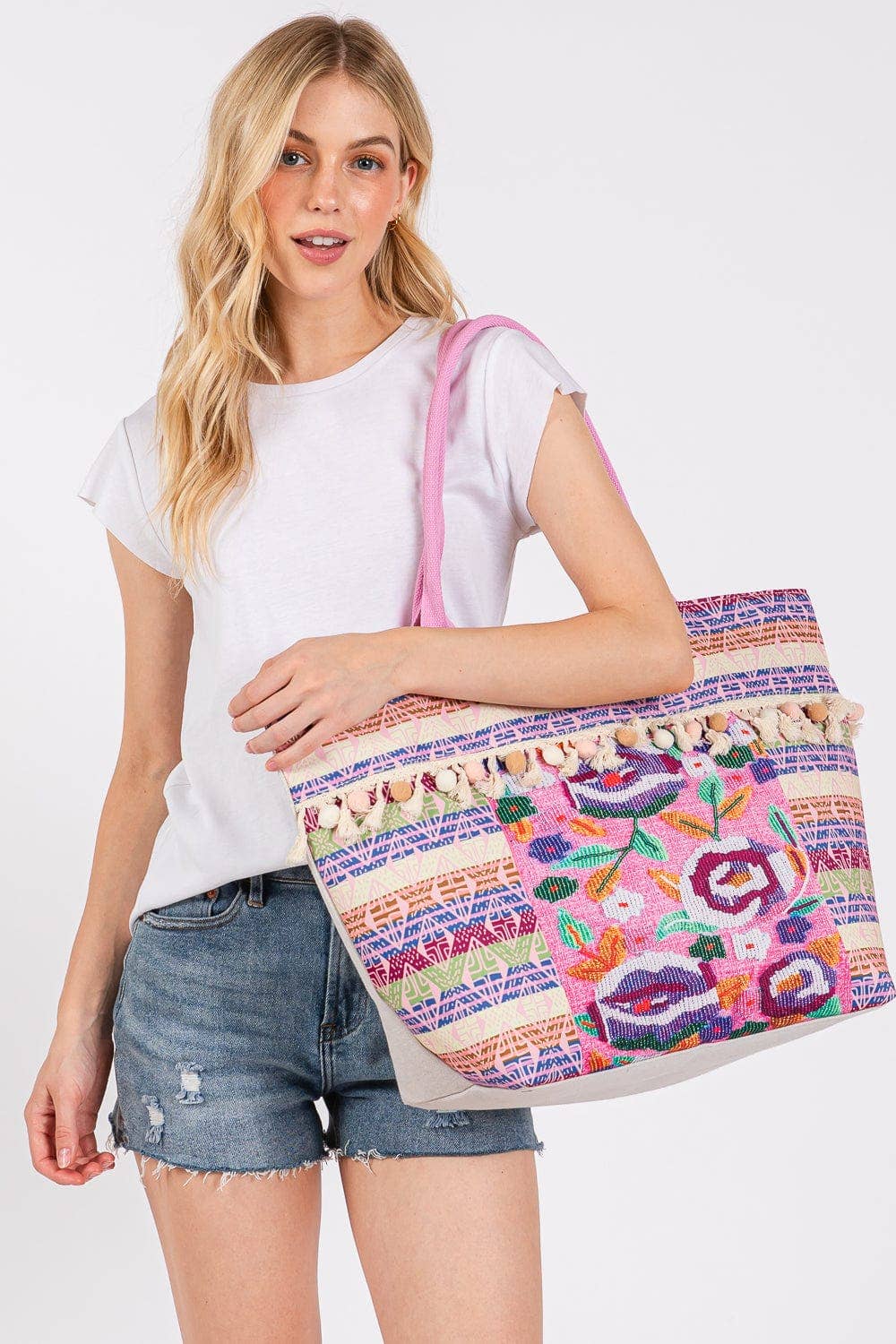 Boho Print Pom Pom Fringe Tote Bag