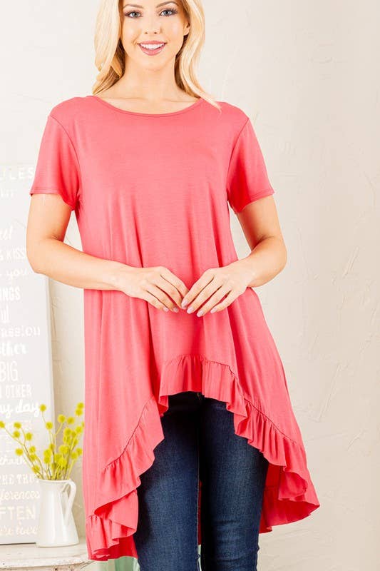 SOLID HIGH LOW TUNIC TOP WITH RUFFLED