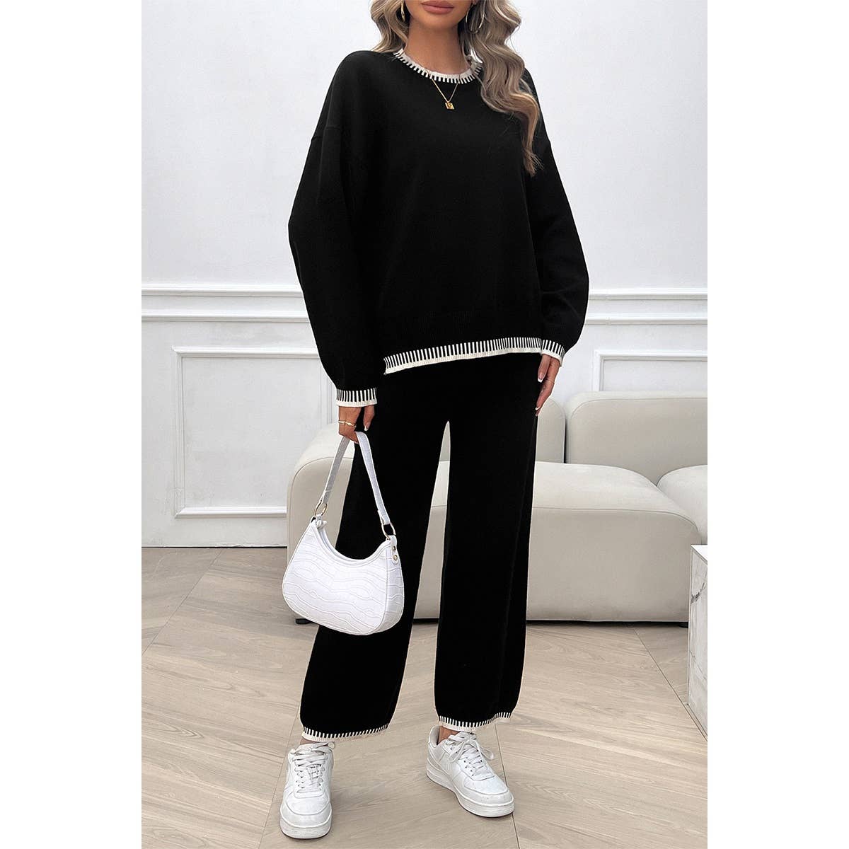 Color Block Round Neck Drop Shoulder Loose Set