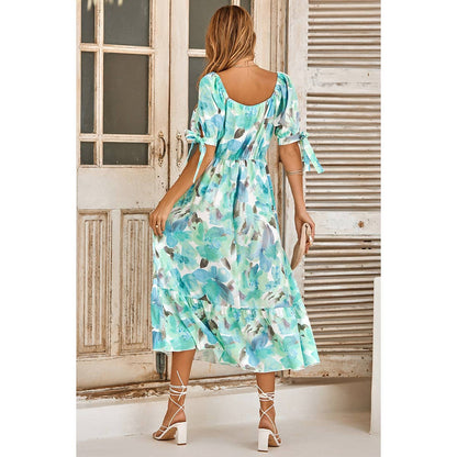 Floral Paint Short Sleeve Tie Cuff Surplice Neck Dress