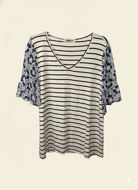 STRIPED V NECK TOP WITH TEXTURED FLORAL SLEEVES - PLUS SIZE